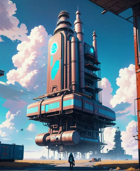 digital painting, atompunk, noon, blue sky, clouds, scenery, in a Foreboding Abandoned Apollo Sites<lora:EnvyAtompunkXL01:0.25>, Mid-century furniture,Jetpack