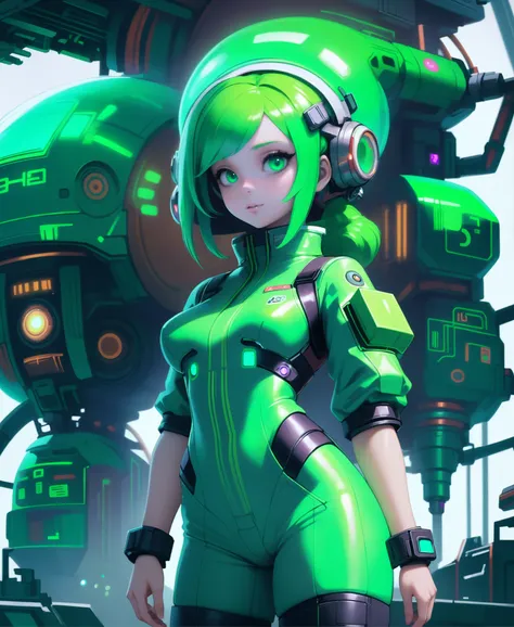 digital painting, atompunk, 1girl, woman, scifi, nano-eden,space opera, mecha mechanic, full body, wearing shimmering bright sea green work clothes<lora:EnvyAtompunkXL01:0.5>
