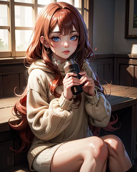 hotatenshi, 1 girl, long hair, curly hair, red hair, pointed nose, freckles, brown eyes, thin, cheerful look, big cozy brown warm sweater, fluffy socks, (beautiful and aesthetic:1.2),(Masterpiece, Best Quality, High Quality, Highres:1.4), Detailed, Extremely Detailed, 8K, sharp focus
