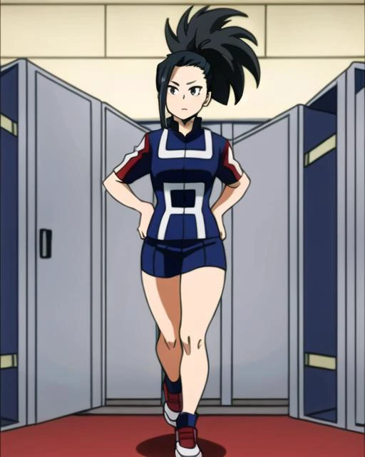 ((best quality)), ((highly detailed)), masterpiece, (detailed eyes, deep eyes), (1girl), full body, <lora:momoYaoyorozuMyHero_v10:.8>, momo yaoyorozu, momo_mha, black hair, black eyes, ponytail, thick ponytail,, <lora:my_hero_academia_gym_uniform:.55>, my_hero_academia_gym_uniform, blue uniform, inside, in a locker room