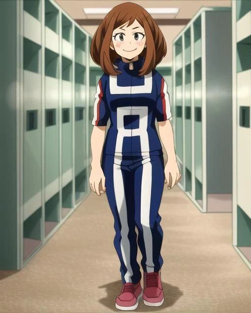 ((best quality)), ((highly detailed)), masterpiece, (detailed eyes, deep eyes), (1girl), full body, <lora:ochakoUrarakaMHA_v10:1>, Ochako, blush stickers, short hair, brown hair, sidelocks, brown eyes, smile, <lora:my_hero_academia_gym_uniform:.65>, my_hero_academia_gym_uniform, blue uniform, inside, in a locker room