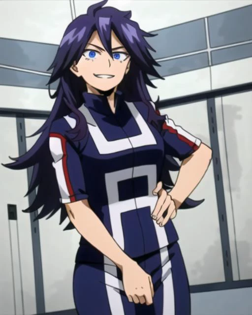 ((best quality)), ((highly detailed)), masterpiece, (detailed eyes, deep eyes), (1girl), cowboy shot, <lora:midnightMyHeroAcademia_v10:.9>, midnightmha, boku no hero academia, purple hair, very long hair, sky blue eyes, smile, <lora:my_hero_academia_gym_uniform:.65>, my_hero_academia_gym_uniform, blue uniform, , inside, in a locker room