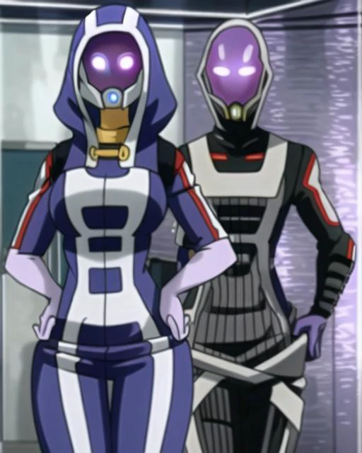 ((best quality)), ((highly detailed)), masterpiece, (detailed eyes, deep eyes), (1girl), cowboy shot, <lora:my_hero_academia_gym_uniform:.65>, my_hero_academia_gym_uniform, blue uniform, <lora:talizorahMassEffect_v1:1>, tali, wide hips, (glowing eyes, purple eyes), hood, (helmet, faceless), hood up, alien, purple skin, inside, in a locker room