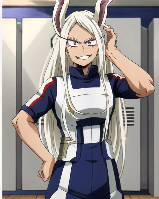 ((best quality)), ((highly detailed)), masterpiece, detailed face, beautiful face, (detailed eyes, deep eyes), (1girl), cowboy shot, <lora:mirkoMyHeroAcademia_vThickThighs:1>, mirko, muscular female, tan skin, (very long hair, white colored hair), red eyes, smirk, bunny ears, <lora:my_hero_academia_gym_uniform:.6>, my_hero_academia_gym_uniform, blue uniform, inside, in a locker room