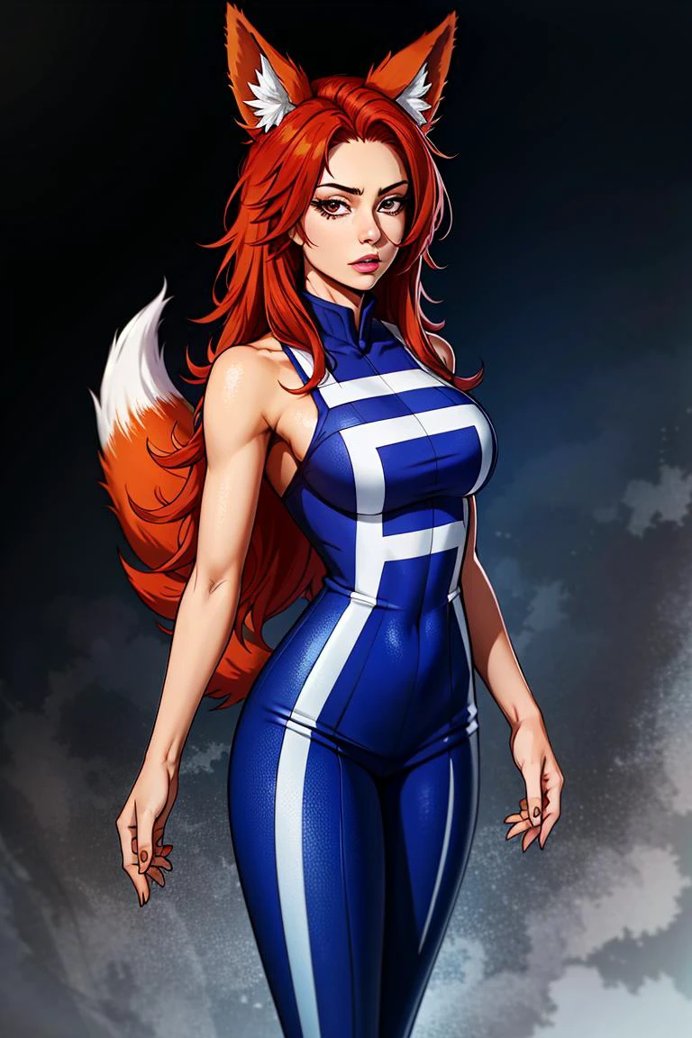 absurdres, highres, best quality, 1girl, standing, red hair, fox ears, myheroacedamia outfit, blue jumpsuit, <lora:Clothes - MHAUniform:0.6>