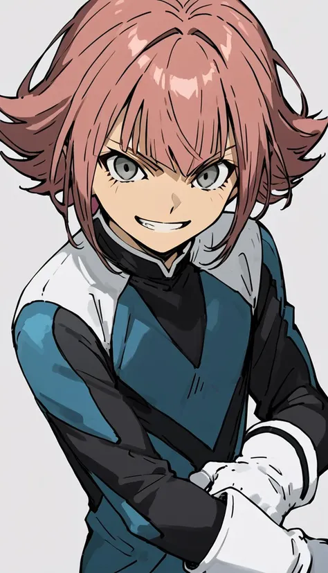 score_9, score_8_up, score_7_up, score_6_up, score_5_up, score_4_up, source_anime, simple background, evil grin, from above, looking at viewer, pose, <lora:pony_outline_lbw_5x:0.3>, 1boy, shimozuru arata, pink hair, grey eyes, <lora:Shimozuru_Arata:0.8>, white gloves, gloves, bodysuit, dark emperors, boots, <lora:Dark_Emperors_Uniform:0.8>