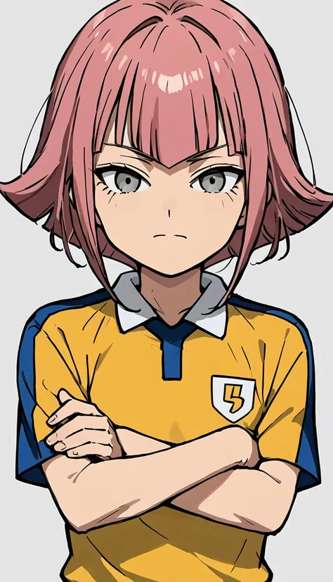 score_9, score_8_up, score_7_up, score_6_up, score_5_up, score_4_up, source_anime, simple background, crossed arms, closed mouth, half-closed eyes, pose, <lora:pony_outline_lbw_5x:0.3>, 1boy, shimozuru arata, pink hair, grey eyes, <lora:Shimozuru_Arata:0.8>, raimon, raimon soccer uniform, sportswear, yellow shirt, blue shorts, <lora:Raimon_GO_Uniform:0.7>