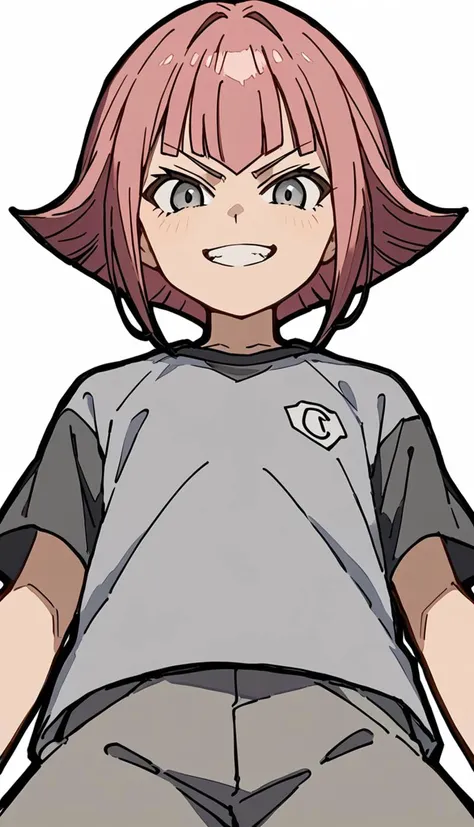 score_9, score_8_up, score_7_up, score_6_up, score_5_up, score_4_up, source_anime, simple background, evil grin, looking at viewer, pose,grey shirt, grey shirt, grey shorts, from below, pov, <lora:pony_outline_lbw_5x:0.3>, 1boy, shimozuru arata, pink hair, grey eyes, <lora:Shimozuru_Arata:0.8>