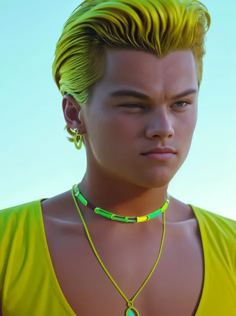 leodicap <lora:LeoDicaprio:1> fashion campaign, wearing white tank top and neon yellow belt, pompadour hair, one hoop earring, neon fashion trends, RAW photo, (high detailed skin:1.2), 8k uhd, dslr, soft lighting, high quality, film grain, Fujifilm XT3
