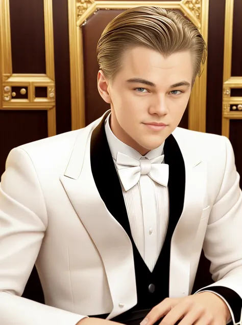 leodicap <lora:LeoDicaprio:1> smirking, slicked back hair, wearing a tuxedo with a white bowtie at an ornate fancy dinner table, ((smooth chin)), decadent wooden background, (cinematic), concept art, volumetric lighting, finely detailed, detailed face, sharp eyes, hyperrealistic, octane render, unreal engine 5, made in blender, uhd, 8k