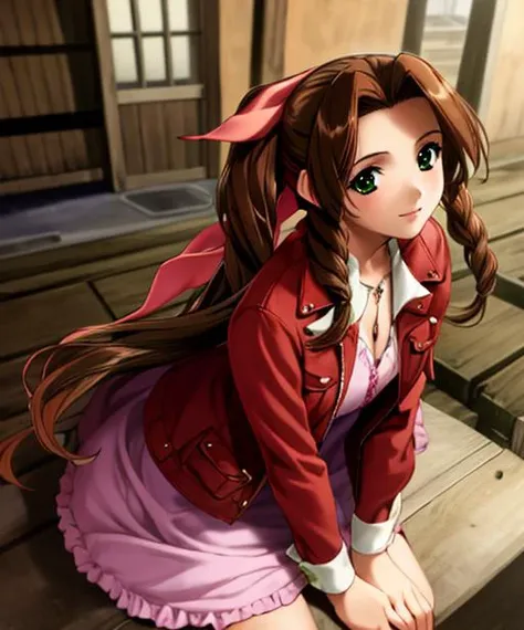 portrait, (adult woman), (1girl, solo), smile, (brown hair), green eyes, ((slums)), (night, hazy), ((best quality, high detail)), ((masterpiece)), <lora:Cha - Aerith v3:.75> aerith gainsborough, hair ribbon, braid, cropped jacket, dress, <lora:1_ino_20e:1>