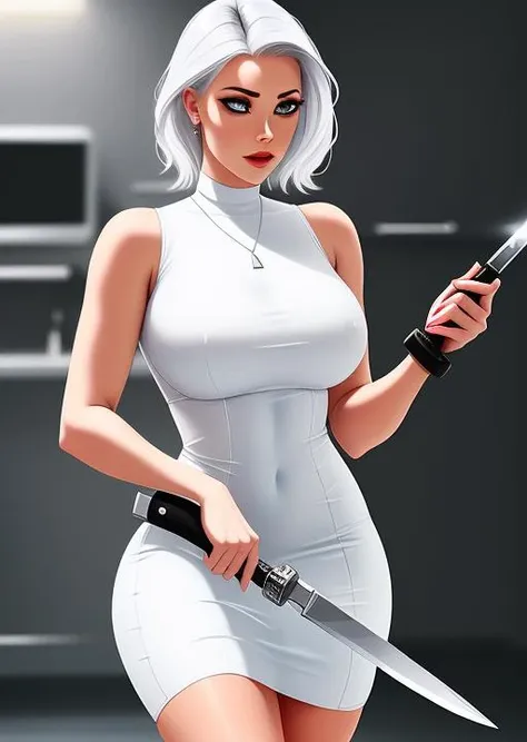 Tessa wielding knife, dressed in a tight white dress, serial killer, <lora:knife:1> cinematic