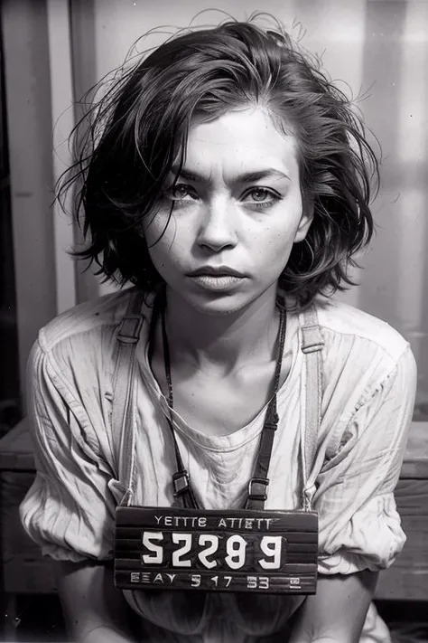 VintageMugshot, mugshot of the most beautiful girl<lora:Mugshot:1> <lora:TiffanyTowers:1>