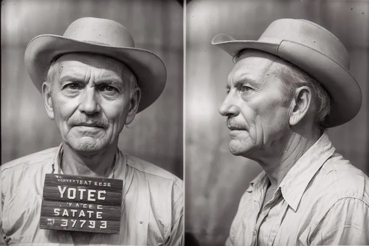 VintageMugshot, front and side mugshot photo of a old man,cowboyhat<lora:Mugshot:1>