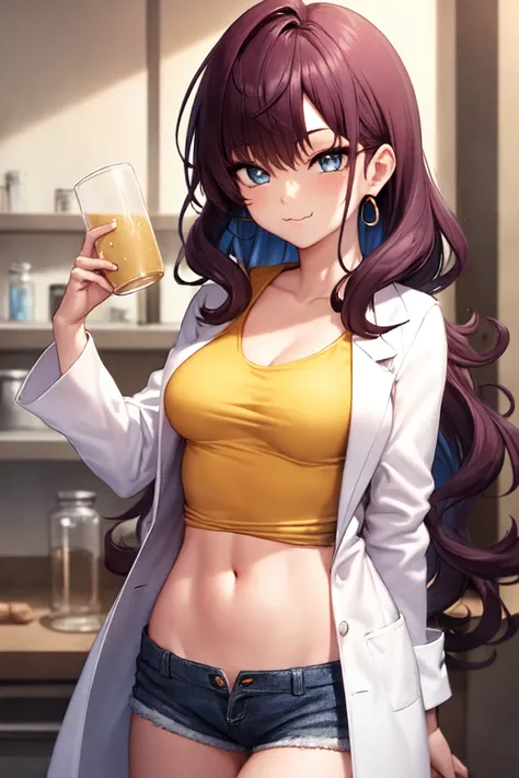 <lora:ichinose_shiki:0.8>, ichinose_shiki, blue eyes, (medium breasts:1.5), long hair, wavy hair, brown hair, (purple hair:0.5),  big eyes, (:3:1.2), earrings, jewelry, collarbone, cup, drink, holding, holding_flask,  labcoat, long_hair, looking_at_viewer, open_clothes, shorts, smile, solo, lab, round-bottom flask, yellow t-shirt,