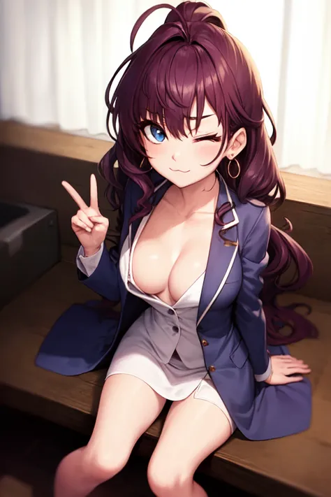 <lora:ichinose_shiki:1>, ichinose_shiki, blue eyes, (medium breasts:1.5), long hair, wavy hair, brown hair, (purple hair:0.5), big eyes, (:3:1.2), earrings, jewelry, labcoat, looking_at_viewer, one_eye_closed, sitting,
