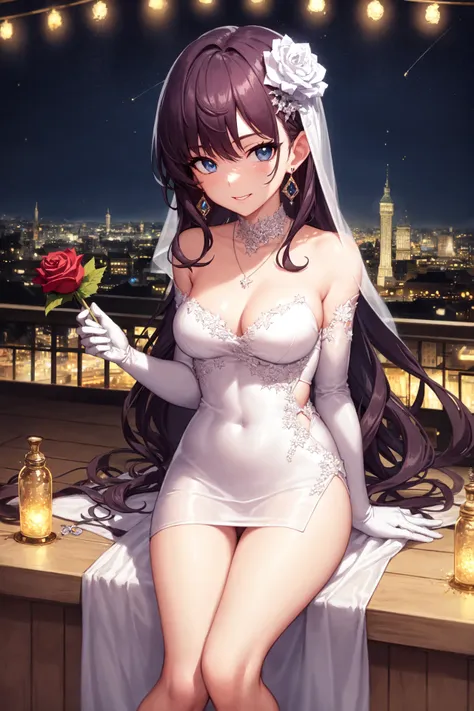 <lora:ichinose_shiki:1>, ichinose_shiki, blue eyes, (medium breasts:1.5), long hair, wavy hair, brown hair, (purple hair:0.5),  big eyes, earrings, jewelry, white gown, rouge, (holding rose),

aurora, balcony, building, castle, christmas_lights, christmas_tree, city, city_lights, cityscape, cleavage, cloud, constellation, crescent_moon, dress, dusk, earrings, earth_\(planet\), elbow_gloves, fireflies, fireworks, flower, fountain, full_moon, galaxy, gloves, high_heels, house, jewelry, lamppost, light_particles, long_hair, looking_at_viewer,  milky_way, moon, moonlight, necklace, night, night_sky, outdoors, planet, rooftop, rose, shooting_star, sitting, sky, skyline, skyscraper, snowing, solo, space, star_\(sky\), star_\(symbol\), starry_background, starry_sky, starry_sky_print, tanabata, telescope, tower, town, twilight, frills, long dress, wedding dress,