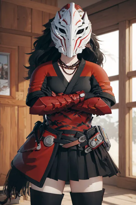 (masterpiece, best quality:1.2), <lyco:rwby_branwen-10:1.0>, cowboy shot, solo, 1girl, raven branwen, mask, crossed arms, armor, skirt, thighhighs, (gloves:1.1)
