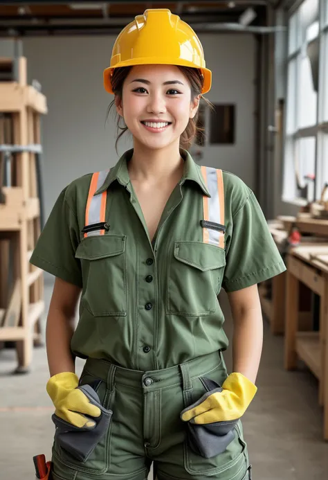 (medium full shot) of (diligent construction worker) young woman, Medium build, long hazel messy bun hair, japanese, fair skin, brown eyes, wearing a hard hat, green heavy-duty work shirt, lightweight work shorts, safety shoes, reflective safety vest, work gloves ear protection, set in  __cof-location/place/location/workshop__, woman smiling, ,Masterpiece,best quality, raw photo, realistic, very aesthetic