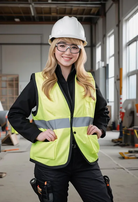 (medium full shot) of (industrious construction worker) young woman, voluptuous build, long blonde side-swept bangs hair, japanese, pale skin, hazel eyes, wearing a hard hat, black padded jacket, reflective work trousers, ankle boots, reflective safety vest, carrying a safety helmet safety goggles, set in __cof-location/place/location/workshop__, during sunrise, woman smiling, ,Masterpiece,best quality, raw photo, realistic, very aesthetic