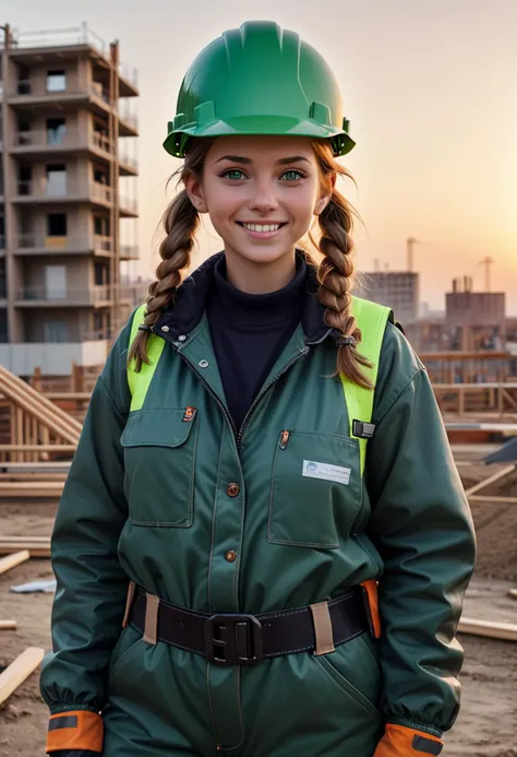 (medium full shot) of (tough construction worker) young woman, normal build, long hazel pigtails hair, british, tan skin, green eyes, wearing a construction helmet, green insulated jacket, waterproof overalls, loafers with sturdy design, safety harness, safety vest holding a utility knife, set in  __cof-location/place/location/outdoor-site__ , during sunrise, woman smiling, ,Masterpiece,best quality, raw photo, realistic, very aesthetic