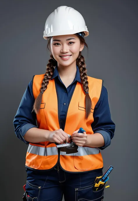 (medium full shot) of (reliable construction worker) young woman, voluptuous build, extra long brown double braids hair, chinese, fair skin, hazel eyes, wearing a hard hat, navy work jacket, reflective work trousers, safety shoes, high-visibility safety vest, carrying a measuring tape holding a utility knife, set in  __cof-location/place/location/construction-site__, woman smiling, ,Masterpiece,best quality, raw photo, realistic, very aesthetic