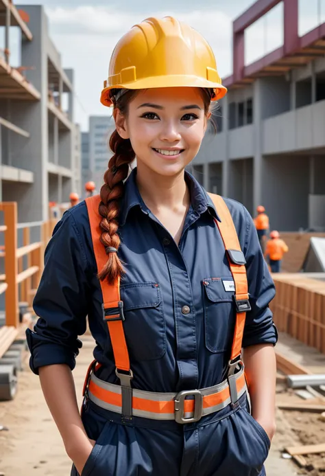 (medium full shot) of (skilled construction worker) young woman, Medium build, medium red dutch braid hair, philippine, fair skin, brown eyes, wearing a construction helmet, navy heavy-duty work shirt, waterproof overalls, ankle boots, safety harness, ear protection carrying a safety helmet, set in  __cof-location/place/location/construction-site__, woman smiling, ,Masterpiece,best quality, raw photo, realistic, very aesthetic