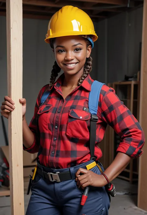 (medium full shot) of (tough construction worker) young woman, petite build, short brown single braid hair, african, dark skin, black eyes, wearing a construction helmet, red flannel shirt, reflective work trousers, safety shoes, safety harness, ear protection holding a hammer, set in  __cof-location/place/location/workshop__, at day, woman smiling, ,Masterpiece,best quality, raw photo, realistic, very aesthetic