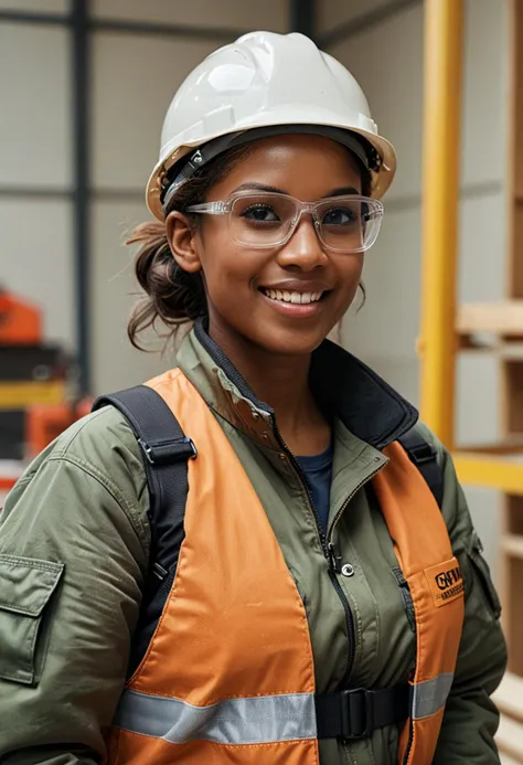 (medium full shot) of (industrious construction worker) young woman, lithe build, medium dark bun hair, african, dark skin, black eyes, wearing a construction helmet, khaki padded jacket, insulated overalls, work boots, safety harness, work gloves safety goggles, set in  __cof-location/place/location/workshop__, during sunrise, woman smiling, ,Masterpiece,best quality, photo, realistic, very aesthetic, detailed face,