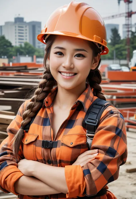 (medium full shot) of (tough construction worker) young woman, busty build, long brown french braid hair, korean, tan skin, hazel eyes, wearing a construction helmet, orange flannel shirt, durable pants, safety shoes, safety harness, safety vest work gloves, set in  __cof-location/place/location/outdoor-site__ , at day, woman smiling, ,Masterpiece,best quality, raw photo, realistic, very aesthetic, dark