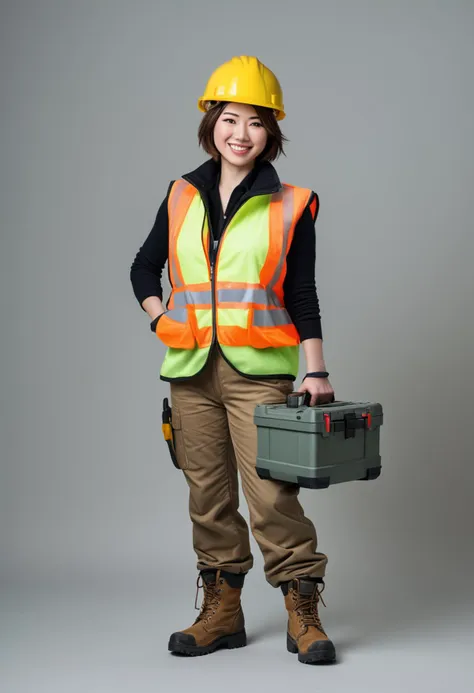 (medium full shot) of (tough construction worker) young woman, lithe build, short dark hime cut hair, japanese, pale skin, light brown eyes, wearing a hard hat, khaki insulated jacket, work pants, ankle boots, high-visibility safety vest, safety vest carrying a toolbox, set in  __cof-location/place/location/workshop__, woman smiling, ,Masterpiece,best quality, raw photo, realistic, very aesthetic