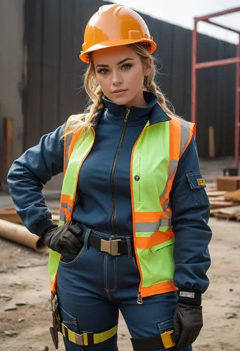 (medium full shot) of (rugged construction worker) young woman, willowy build, medium blonde single braid hair, mexican, caramel skin, olive green eyes, wearing a hard hat, blue thermal jacket, high-visibility work trousers, mules with sturdy design, safety harness, holding a utility knife safety gloves, set in  __cof-location/place/location/outdoor-site__ , at day, ,Masterpiece,best quality, photo, realistic, very aesthetic