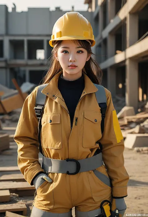 (medium full shot) of (diligent construction worker) young woman, full-figured build, medium brown ponytail hair, korean, pale skin, light brown eyes, wearing a construction helmet, yellow work jacket, lightweight work shorts, work boots, safety harness, tool belt safety gloves, set in  __cof-location/place/location/construction-site__, during sunrise, ,Masterpiece,best quality, photo, realistic, very aesthetic