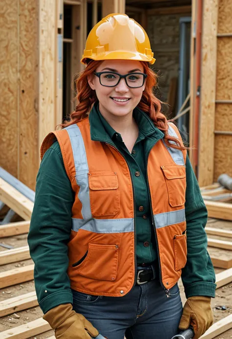 (medium full shot) of (hardworking construction worker) young woman, full-figured build, medium red pigtails hair, british, tan skin, dark green eyes, wearing a construction helmet, brown padded jacket, denim pants, work boots, high-visibility safety vest, holding a hammer safety goggles, set in  __cof-location/place/location/construction-site__, at day, woman smiling, ,Masterpiece,best quality, photo, realistic, very aesthetic, detailed face,