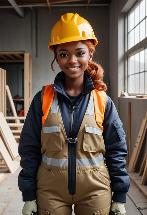 (medium full shot) of (reliable construction worker) young woman, Medium build, extra long ginger updo hair, african, dark skin, black eyes, wearing a construction helmet, khaki padded jacket, insulated overalls, safety shoes, high-visibility safety vest, carrying a safety helmet holding a hammer, set in  __cof-location/place/location/workshop__, during sunrise, woman smiling, ,Masterpiece,best quality, raw photo, realistic, very aesthetic