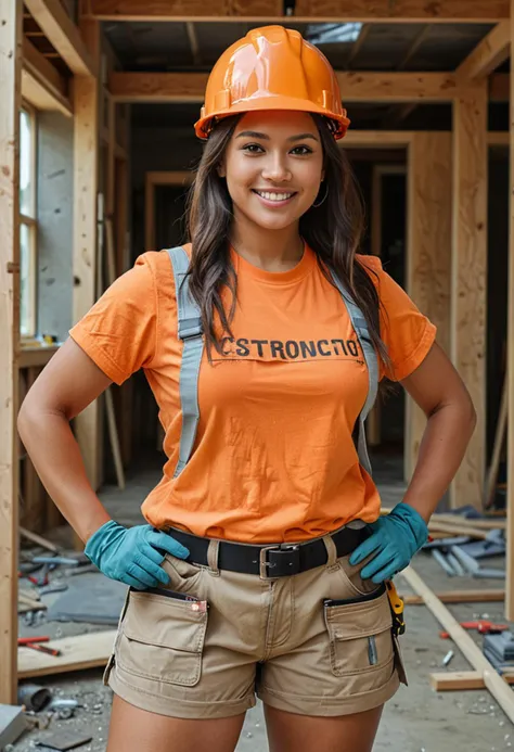 (medium full shot) of (strong construction worker) young woman, willowy build, extra long dark hime cut hair, native american, tan skin, light brown eyes, wearing a construction helmet, orange short-sleeve t-shirt, lightweight work shorts, sneakers with safety features, high-visibility safety vest, safety gloves carrying a measuring tape, set in __cof-location/place/location/construction-site__, at day, woman smiling, ,Masterpiece,best quality, photo, realistic, very aesthetic, detailed face,