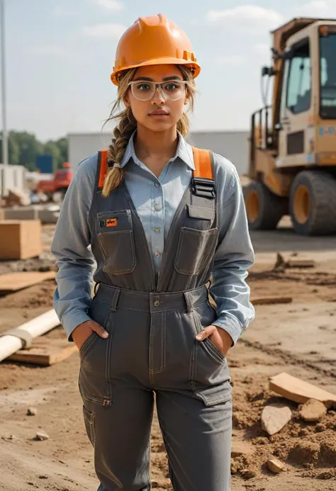 (medium full shot) of (strong construction worker) young woman, Average build, long blonde bun hair, indian, caramel skin, hazel eyes, wearing a hard hat, grey lightweight work shirt, insulated overalls, safety shoes, reflective safety vest, safety goggles tool belt, set in  __cof-location/place/location/construction-site__, at day, ,Masterpiece,best quality, photo, realistic, very aesthetic