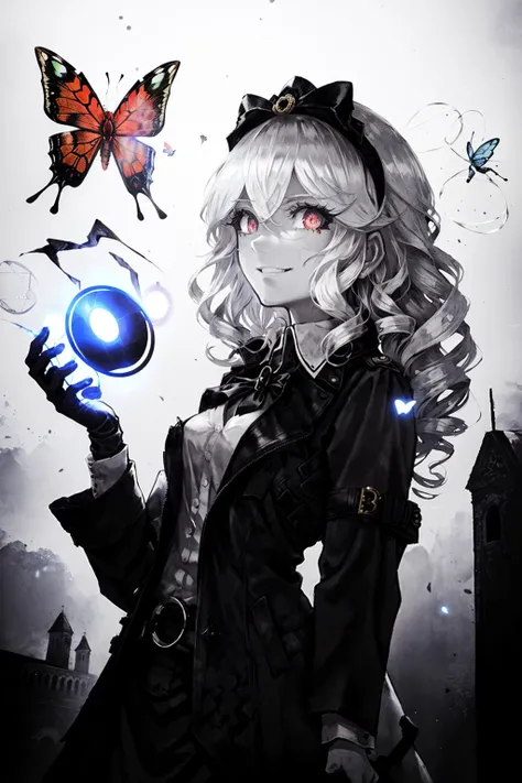 masterpiece, (best quality:1.1), (1girl), solo, cowboy shot, (finely detailed eyes and detailed face:1.3), (illustration:1.1), field of depth, (extremely fine and beautiful:1.1), (black trench coat + beautiful detailed black vest + white shirt:1.1 + black tie + black skirt + black flower on head + black gloves), (white_hair + medium_hair + wavy_hair), (red eyes:1.1),small_medium breasts, eyelashes, , pale skin, evil smile, beautiful detailed fallen small city + detailed ruin, many object, beautiful and clear background:1.2, renegade, evil, ((Red butterflies flying|around the character:1.3 + red light particles:1.15), ((perfect magic circle:1.3)), many object <lora:SilvermoonMix06_2:1>