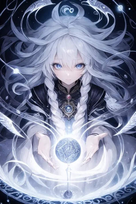 best quality, masterpiece, illustration, ultra-detailed, beautiful detailed eyes, (1girl:1.3),
magician, enchanting spell, high-angle view, magical forest, otherworldly beauty, casting pose, magical staff, invocation effects, soft and ethereal light, fantastical atmosphere, mystical creatures, empowering allies, enhancing abilities, elemental magic, swirling energy, pulsating aura, determination, support, vibrant colors, glowing runes, levitating, swirling leaves, teamwork, magical bonds, protective shield, guiding light, shimmering particles, enchanted surroundings, harmony with nature, hope, wisdom, ancient secrets, celestial beings, arcane knowledge, mystic symbols, spellcasting, elemental forces, <lora:SilvermoonMix06:1>