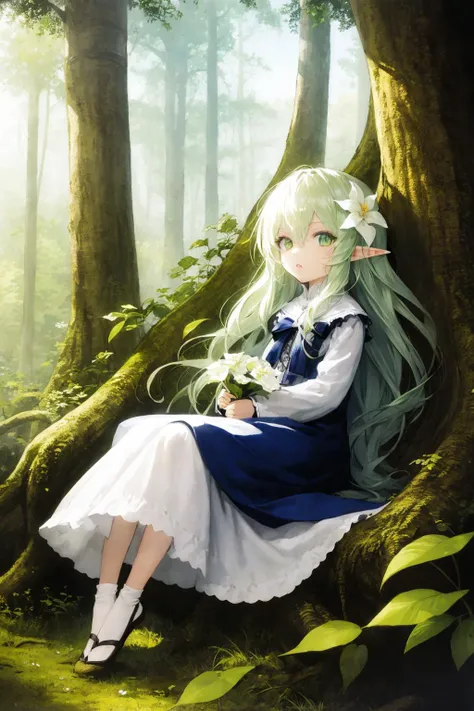 (masterpiece,best quality,illustration,official art:1.05),(tachi-e:1.12),full body,sitting,looking at viewer,solo,1girl,elf girl,long hair,green hair,[green|blue] eyes,dress,white hair flower,hair ornament,(age8),(child),wind,leaf,tree,forest,  <lora:SilvermoonMix06:1>