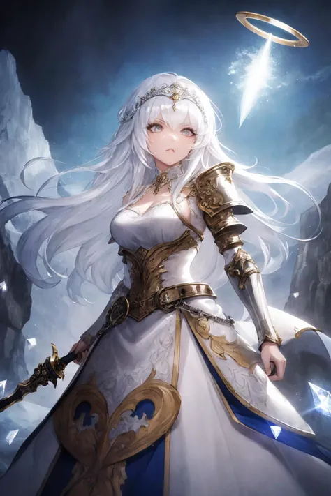 (((best quality))),(((ultradetailed))),(((masterpiece))), illustration,1girl,fantasy theme,a warrior princess,with long silvery white hair,wearing a headdress made of crystals and feathers,a flowing white dress with silver armor,holding a shimmering sword in one hand and a glowing crystal orb in the other,standing on the edge of a cliff overlooking a mystical kingdom,with a fierce determination on her face,framed by floating clouds and a halo of light. <lora:SilvermoonMix06:1>