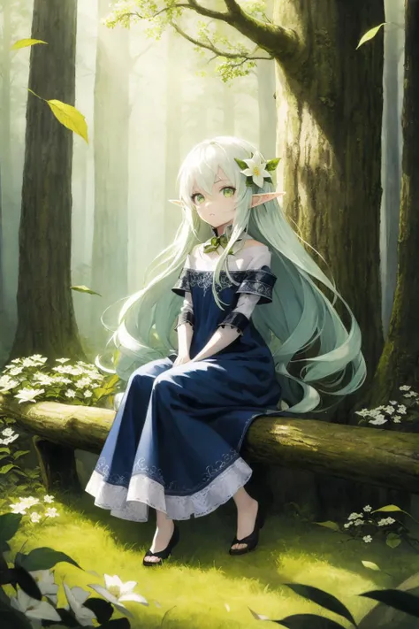 (masterpiece,best quality,illustration,official art:1.05),(tachi-e:1.12),full body,sitting,looking at viewer,solo,1girl,elf girl,long hair,green hair,[green|blue] eyes,dress,white hair flower,hair ornament,(age8),(child),wind,leaf,tree,forest,<lora:SilvermoonMix06:1>