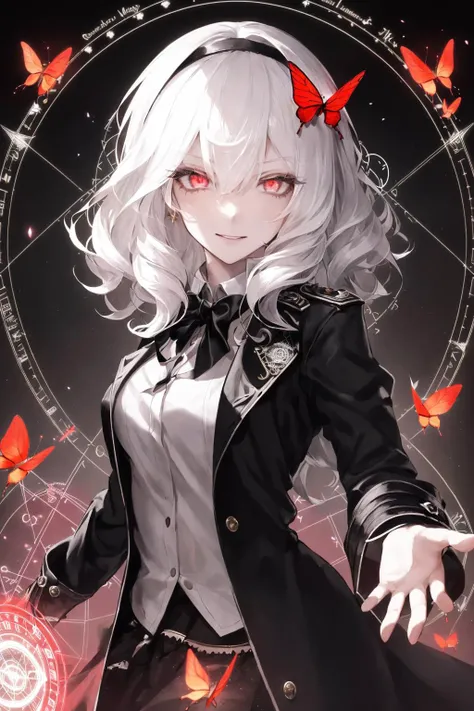 masterpiece, (best quality:1.1), (1girl), solo, cowboy shot, (finely detailed eyes and detailed face:1.3), (illustration:1.1), field of depth, (extremely fine and beautiful:1.1), (black trench coat + beautiful detailed black vest + white shirt:1.1 + black tie + black skirt + black flower on head + black gloves), (white_hair + medium_hair + wavy_hair), (red eyes:1.1),small_medium breasts, eyelashes, , pale skin, evil smile, beautiful detailed fallen small city + detailed ruin, many object, beautiful and clear background:1.2, renegade, evil, ((Red butterflies flying|around the character:1.3 + red light particles:1.15), ((perfect magic circle:1.3)), many object<lora:SilvermoonMix06:1>