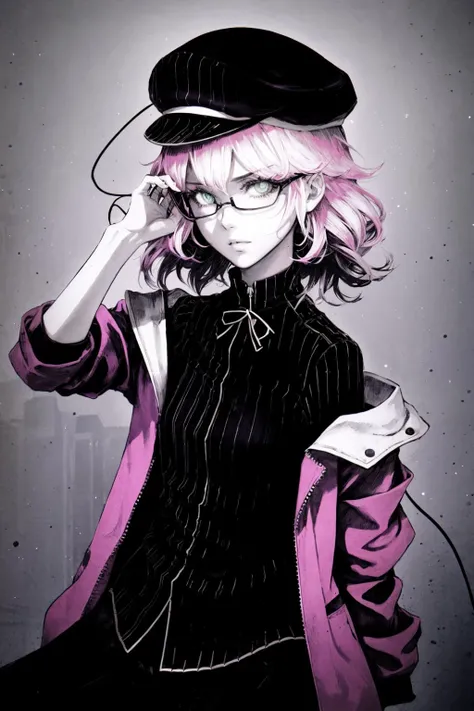 1 synth wave style girl, extremely detailed CG ,(masterpiece), (flat color:1.5), (best quality), (limited palette) , pink fluorescent paint, , noline art, silhouette, partially colored, (alternate color):1.4, dynamic angle, (pink, dark violet):1.3, dark violet shadow, (synth wave), (chromatic aberration) , (((thick) outline)), pink outline, (solo focus), pink neon lights, perfect shadow, cowboy shot, blank stare, beret, bowknot on beret, flat chest, wearing an off- shoulder floating jacket, short wavy delicate hair, blank stare, delicate face, bare shoulder, sitting on the top of the building, beautiful and delicate eyes, (1 girl):1.5, solo, from above, delicate background, streets with neon lights <lora:SilvermoonMix06_2:1>