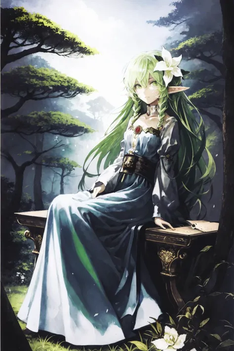 (masterpiece,best quality,illustration,official art:1.05),(tachi-e:1.12),full body,sitting,looking at viewer,solo,1girl,elf girl,long hair,green hair,[green|blue] eyes,dress,white hair flower,hair ornament,(age8),(child),wind,leaf,tree,forest, <lora:SilvermoonMix06_2:1>