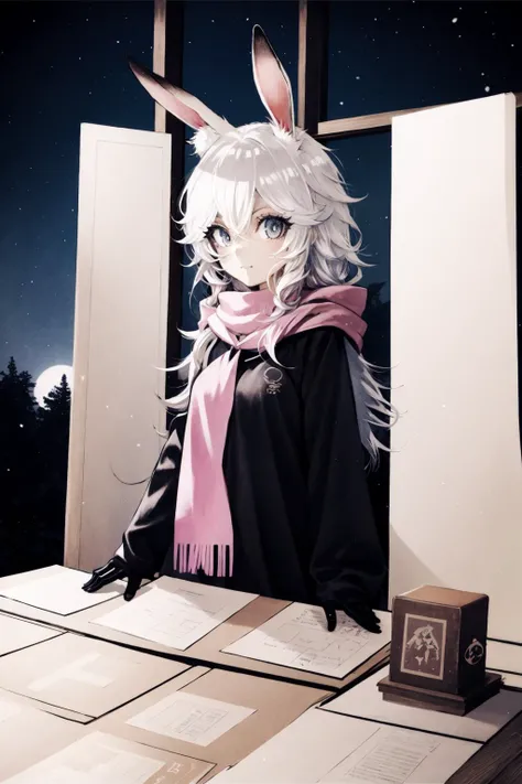 **kawaii girl, ++solo+, ++best quality, ++illustration\\, ++splendid//, ++minor//, ++wind//, ++perfect composition//,++gallant/, ++remnants//, ++morbid-//, ++occult//, ++deadly--, ++gloves^, **night view^\, ++ephemeral girl//, enthusiast, bewitching, *kawaii girl//, *light leaks\\, ++wind//, ++ink splashing, ++upper body, *stand still, ++outline//, ++character focus//, ++absurdly long hair, ++white hair//, ++bow, \+fluffy//, ++detailed eyes//, hoodie, ++detailed sky, ++rabbit*, ++rabbit*, scarf, ++illustration\\, ++booth//, ++booth//, ++booth//, ++illustration\\, ++illustration\\, ++illustration\\, ++illustration\\, ++best quality, ++best quality, ++best quality, ++best quality*, ++japanese//, snow, twilight, <lora:SilvermoonMix06_2:1>