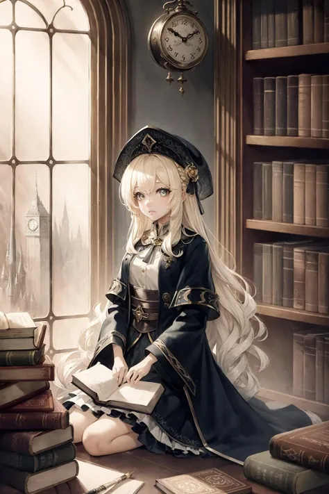 masterpiece, best quality, masterpiece,best quality,watercolor-painting,watercolor-paper,2020s_(style),extremely detailed CG unity 8k wallpaper,ultra-detailed, best illustration, detailed light, over exposure,an extremely delicate and beautiful,solo,1 girl close up,a girl looking at viewer,shiny,beautiful detailed eyes,round eyes,messy floating hair, small breasts,Shiny-messy-hair, extremely detailed background,depth of field,dynamic composition,cinematic-lighting,ink painting-background, fantasy,in-the-library,magic circle,bookshelfs,many books,long coat with fringe,European,scolar,10-years-old,black robe with embroidery,hat with embroidery,boots,long skirt,gorgeous fringe,thin-metal-decorations,antique,blonde-hair,daytime,vintage color,french braid,magic books,tower of books,floating many books,clock,long hair,detailed clothes,100-layer-dress, parted bangs, <lora:SilvermoonMix06_V71:1>