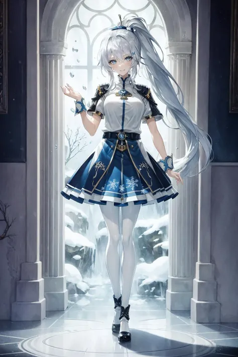 (1girl,solo,Blue eyes,white hair,long hair,ponytail:1.2),happy birthday,
//,
(masterpiece:1.3),(the best quality:1.2),(super fine illustrations:1.2),(Masterpiece),high quality,high detail,dappled sunlight,god rays,(SOLO:1.4),FULL BODY,arknights masterpiece,best quality,extremely detailed,detailed,art of light novel cover,highres,[(white background:1.4)::8],[(dynamic pose):1.2):5],[(ice sculpture):1.6):5],[(game character portrait:1.4):5],((water)),wet floor,((ice)),(((fish))),snow,snowflakes,snowflakes,(1 girl),(solo},(white shirt:1.3),smile,(full body:1.3),((silver)),((blue skirt)),whole body,white pantyhose,look at viewer, (snowflake hair ornament:1.3),gemstone decoration // ,<lora:SilvermoonMix06_V71:1>