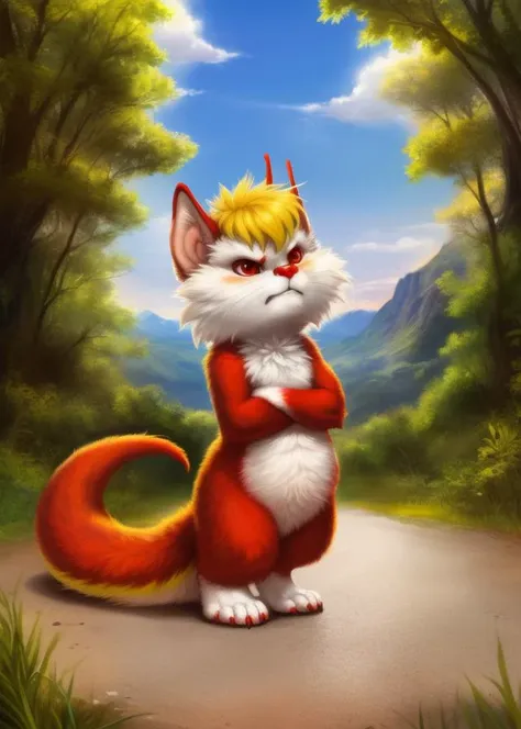 <lora:SnarfCatOsbertYIf:1> SnarfCatOsbertYIf, Snarf, big tail, red eyes, red nose,  furry, [road, earth, forest, trees, sky, clouds, mountains,]  solo, 
 looking at viewer, to his full height, (beautiful, aesthetic, perfect, delicate, intricate, masterpiece, ) chibi, (angry pose)
[by kenket|by totesfleisch8], by thebigslick:by silverfox5213:0.8], [by syuro, by paloma-paloma::0.2, (Tricksta, TotesFleisch8)