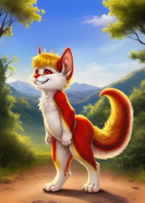 <lora:SnarfCatOsbertYIf:1> SnarfCatOsbertYIf, Snarf, big tail, red eyes, red nose,  furry, [road, earth, forest, trees, sky, clouds, mountains,]  solo, 
 looking at viewer, to his full height, (beautiful, aesthetic, perfect, delicate, intricate, masterpiece, ) chibi, (grin, leaning forward)
[by kenket|by totesfleisch8], by thebigslick:by silverfox5213:0.8], [by syuro, by paloma-paloma::0.2, (Tricksta, TotesFleisch8)